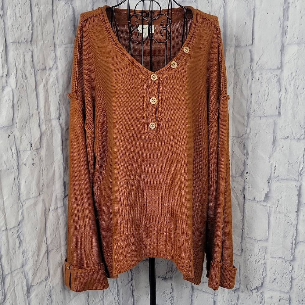 Wonderly Women's Waffle Knit Henley Sweater in Rust Size Large‎
